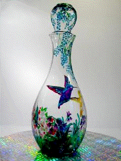 Animated GIF Image of Humming Birds Handpainted on a Glass Decanter