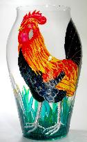 Rooster, Handpainted on a Glass Vase