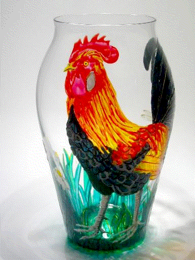 Animated GIF Image of a Rooster, Handpainted on a Glass Vase