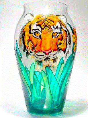 Animated GIF Image of a Tiger Lurking behind Bushes, Handpainted on a Crystal Vase