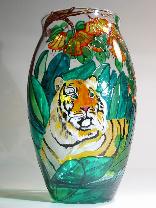 Tiger Lurking behind Bushes, Handpainted on Crystal Vase