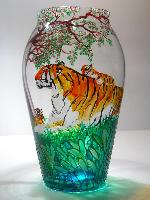 Tiger at Rest, Handpainted on a Crystal Vase