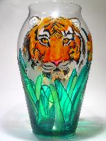 Thumbnail Image of a Tiger Mother with her cubs, Handpainted on a Crystal Vase