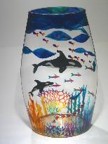 Orca Whale Mother and Baby, Handpainted on a Glass Vase